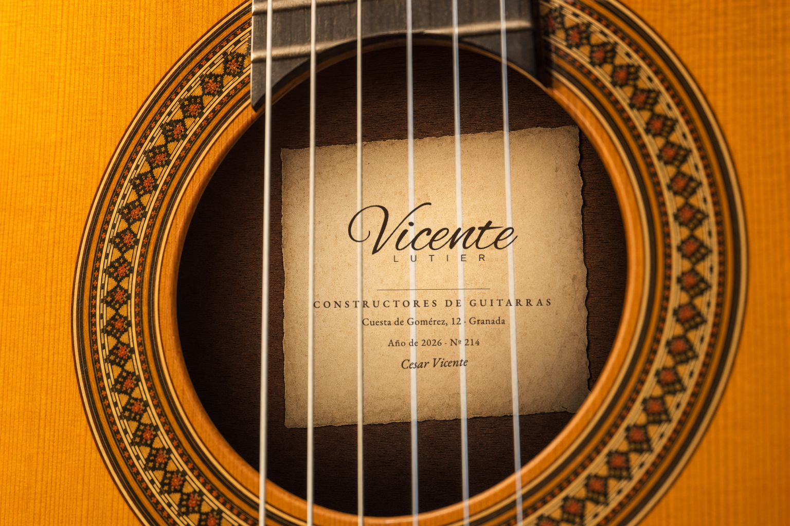 The Vicente house label seen through the soundhole, behind the strings