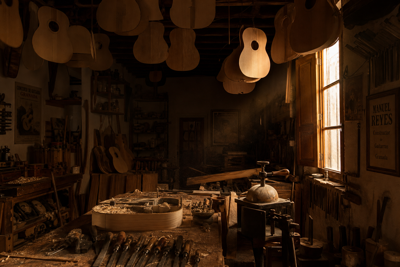 The Vicente workshop in Granada, soundboards hanging from the beams